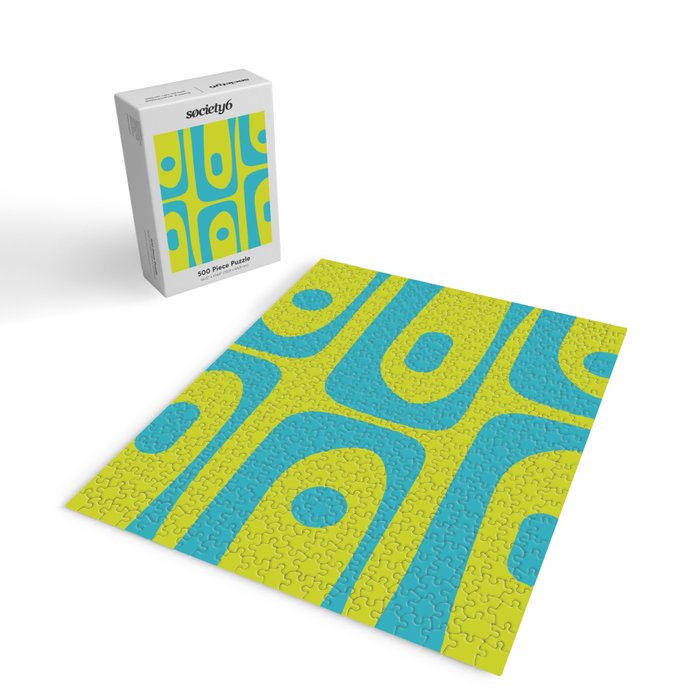 Mid Century Modern Piquet Abstract Pattern Bright Lime Green and Turquoise Jigsaw Puzzle Gallery Image 2
