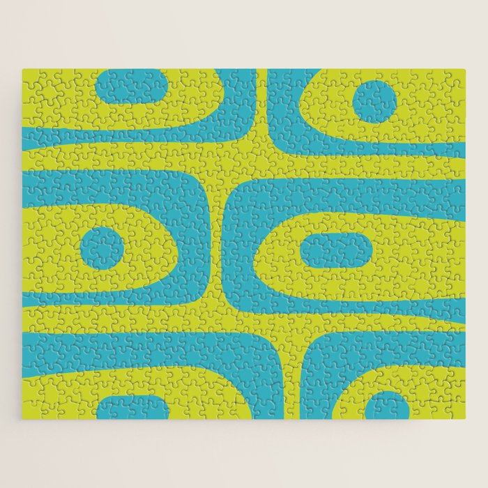 Mid Century Modern Piquet Abstract Pattern Bright Lime Green and Turquoise Jigsaw Puzzle Gallery Image 1