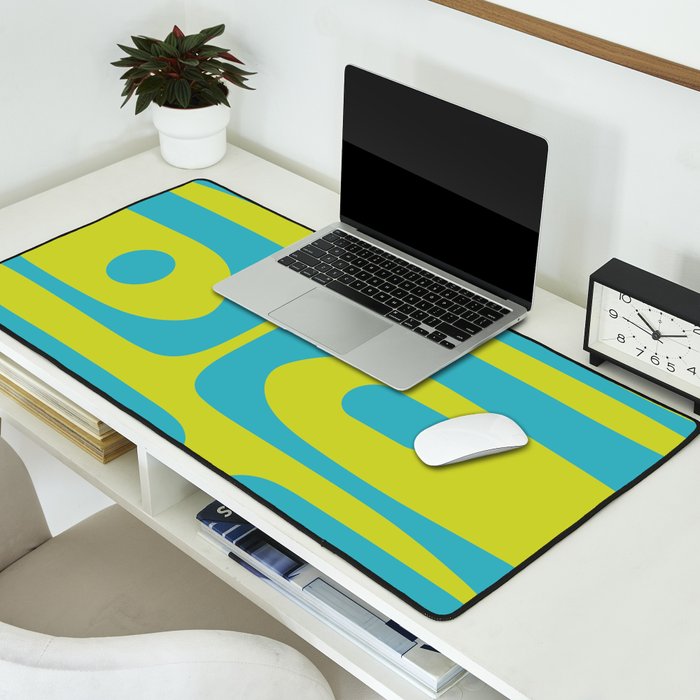 Mid Century Modern Piquet Abstract Pattern Bright Lime Green and Turquoise Desk Mat Gallery Image 2