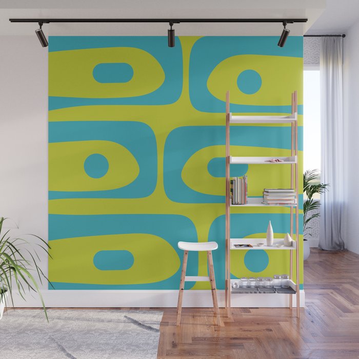 Mid Century Modern Piquet Abstract Pattern Bright Lime Green and Turquoise Wall Mural Gallery Image 1