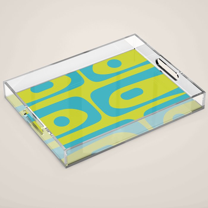 Mid Century Modern Piquet Abstract Pattern Bright Lime Green and Turquoise Acrylic Tray Gallery Image 1