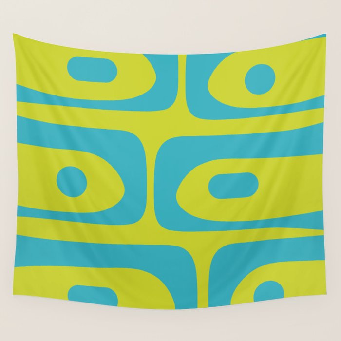 Mid Century Modern Piquet Abstract Pattern Bright Lime Green and Turquoise Wall Tapestry Gallery Image 4