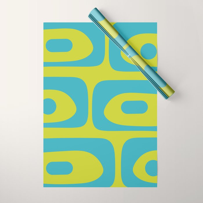 Mid Century Modern Piquet Abstract Pattern Bright Lime Green and Turquoise Wrapping Paper Gallery Image 1