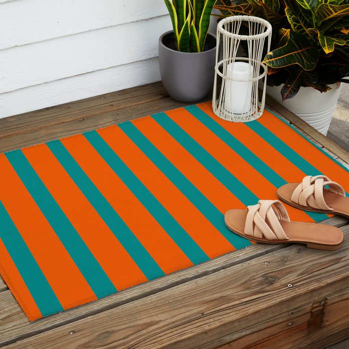 Bold Vertical Stripe Pattern  Modern Teal and Orange Outdoor Rug Gallery Image 2