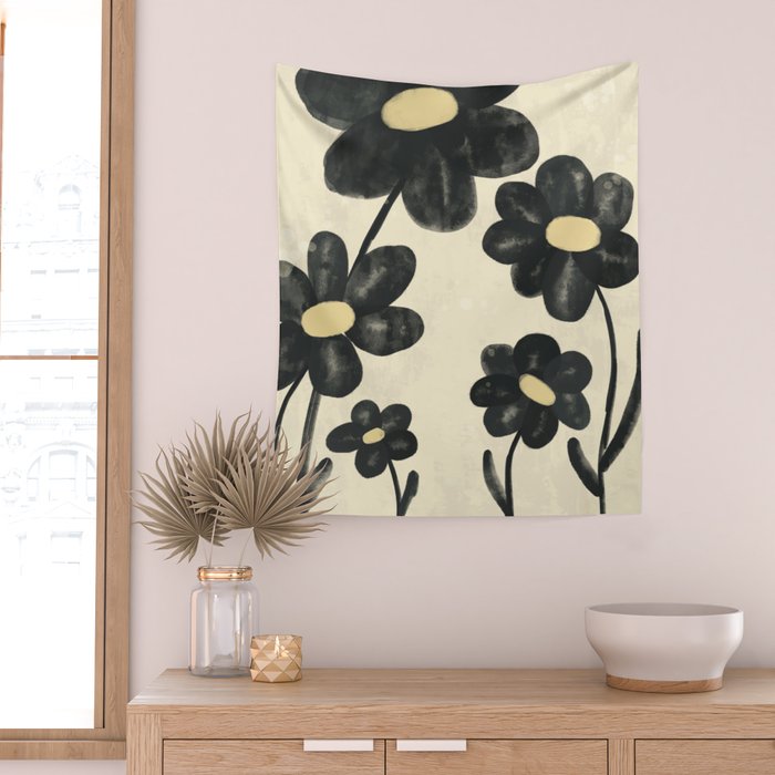 Minimalist Black Flowers Wall Tapestry Gallery Image 2