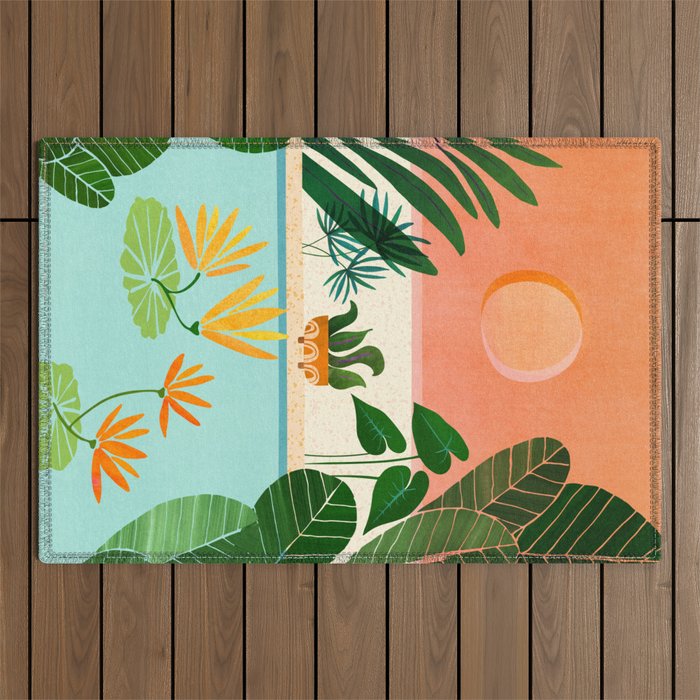 Shangri La Sunset Exotic Landscape Illustration Outdoor Rug Gallery Image 1