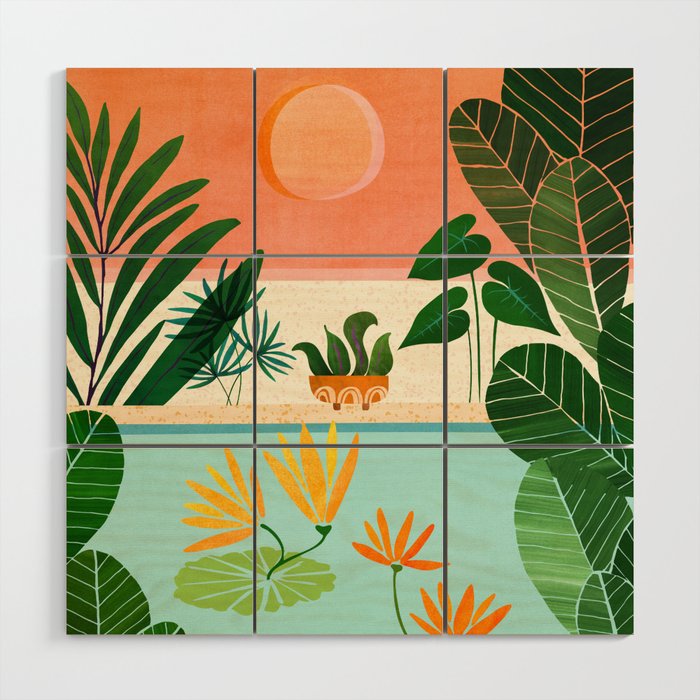 Shangri La Sunset Exotic Landscape Illustration Wood Wall Art Gallery Image 1