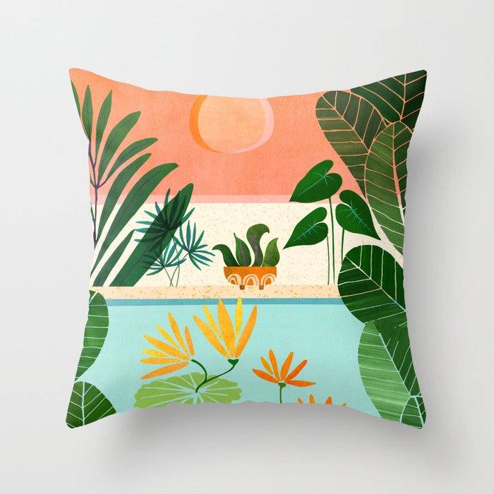 Shangri La Sunset Exotic Landscape Illustration Throw Pillow Gallery Image 6