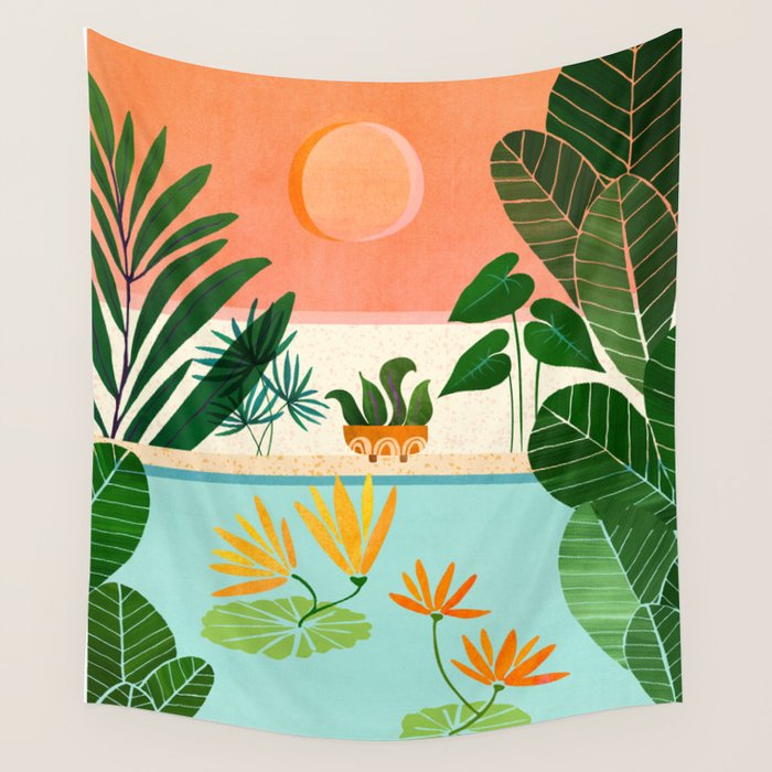 Shangri La Sunset Exotic Landscape Illustration Wall Tapestry Gallery Image 1
