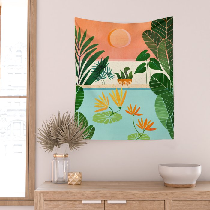 Shangri La Sunset Exotic Landscape Illustration Wall Tapestry Gallery Image 2