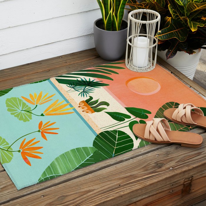 Shangri La Sunset Exotic Landscape Illustration Outdoor Rug Gallery Image 2