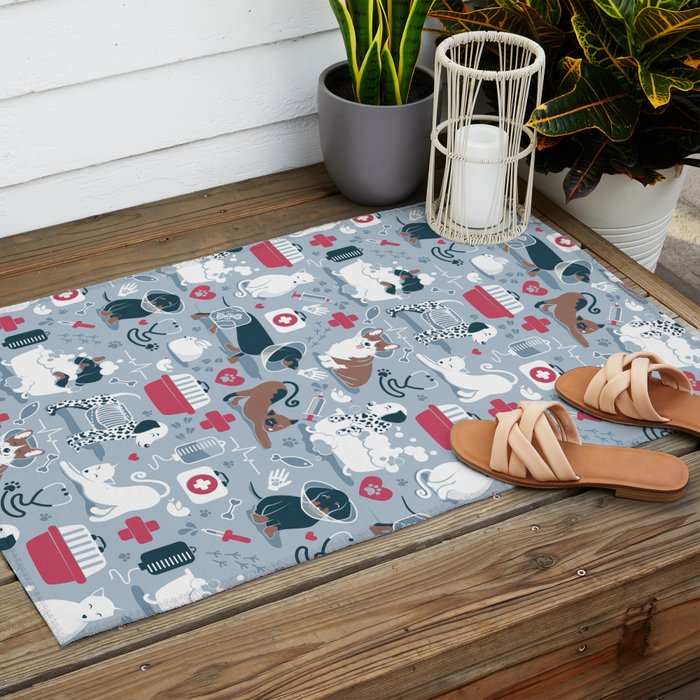 Veterinary medicine, happy and healthy friends // pastel blue background Outdoor Rug Gallery Image 2