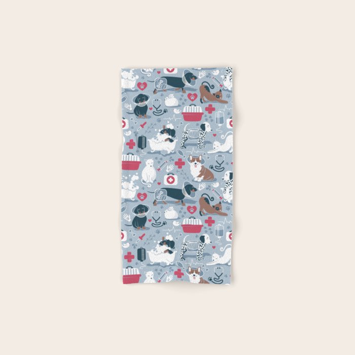 Veterinary medicine, happy and healthy friends // pastel blue background Bath Towel Gallery Image 1