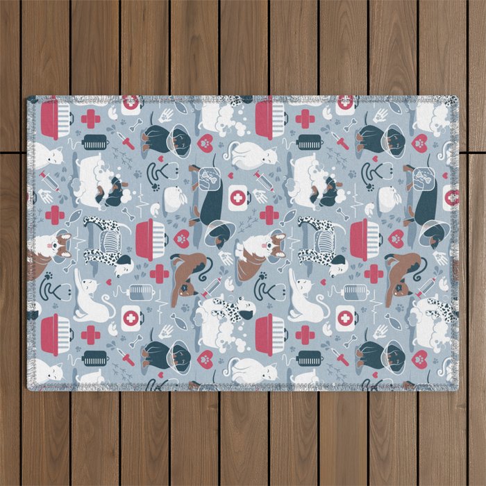 Veterinary medicine, happy and healthy friends // pastel blue background Outdoor Rug Gallery Image 1