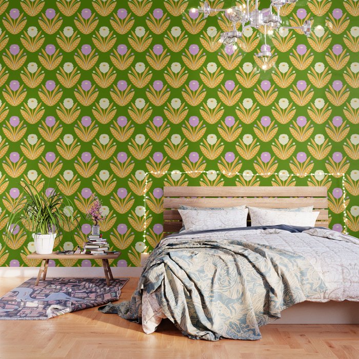 Happy White and Purple Dahlias Pattern - Green Wallpaper Gallery Image 3