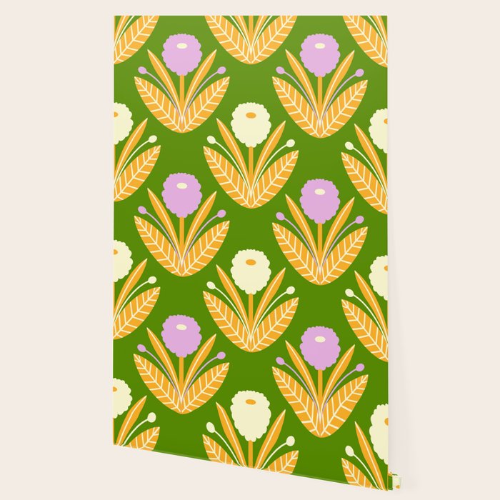 Happy White and Purple Dahlias Pattern - Green Wallpaper Gallery Image 2