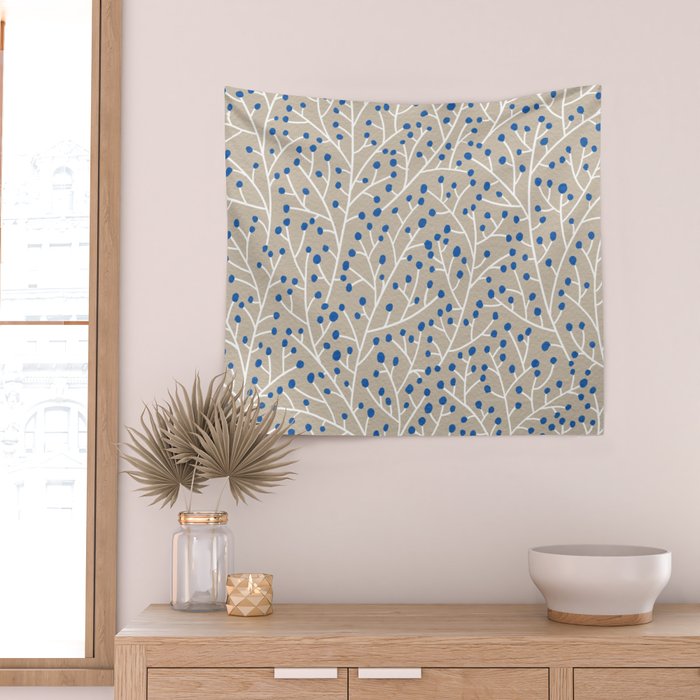 Blue & White Berry Branches Wall Tapestry Gallery Image 2
