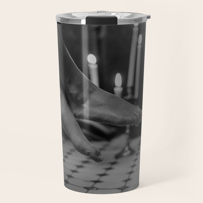 Let it all hang out; female portrait with candles in the bathtub black and white photograph - photography - photographs Travel Mug Gallery Image 1