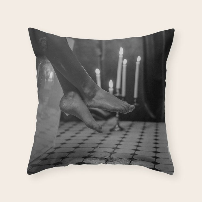 Let it all hang out; female portrait with candles in the bathtub black and white photograph - photography - photographs Throw Pillow Gallery Image 6