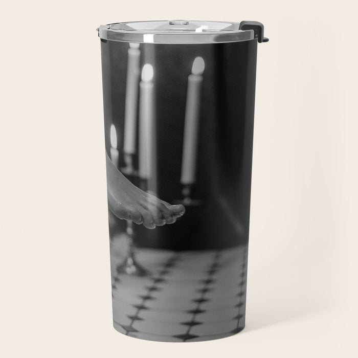 Let it all hang out; female portrait with candles in the bathtub black and white photograph - photography - photographs Travel Mug Gallery Image 2