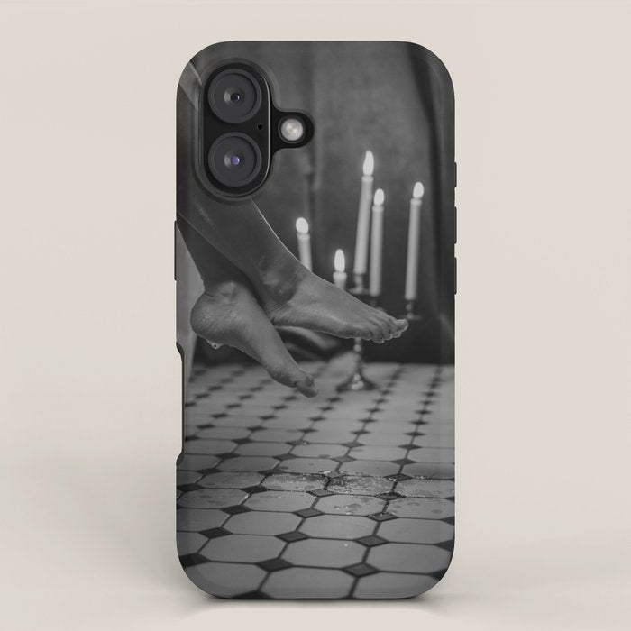 Let it all hang out; female portrait with candles in the bathtub black and white photograph - photography - photographs iPhone Case Gallery Image 1