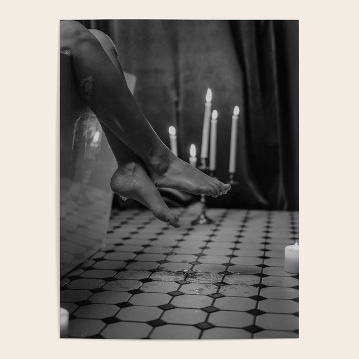 Let it all hang out; female portrait with candles in the bathtub black and white photograph - photography - photographs Poster Gallery Image 1