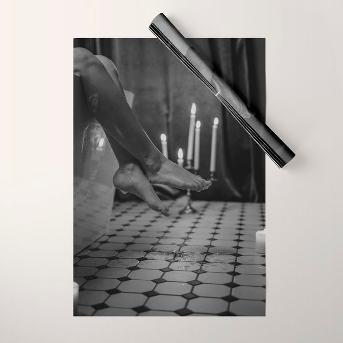 Let it all hang out; female portrait with candles in the bathtub black and white photograph - photography - photographs Wrapping Paper Gallery Image 1