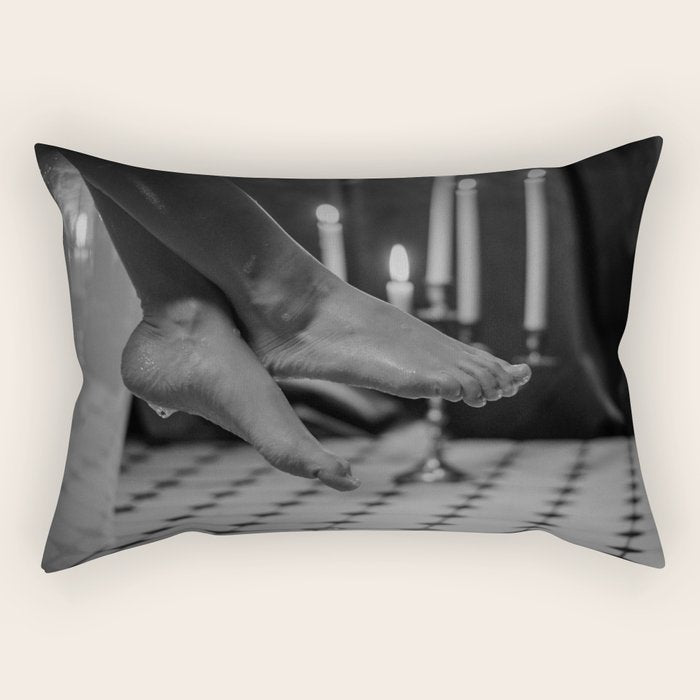 Let it all hang out; female portrait with candles in the bathtub black and white photograph - photography - photographs Rectangular Pillow Gallery Image 1