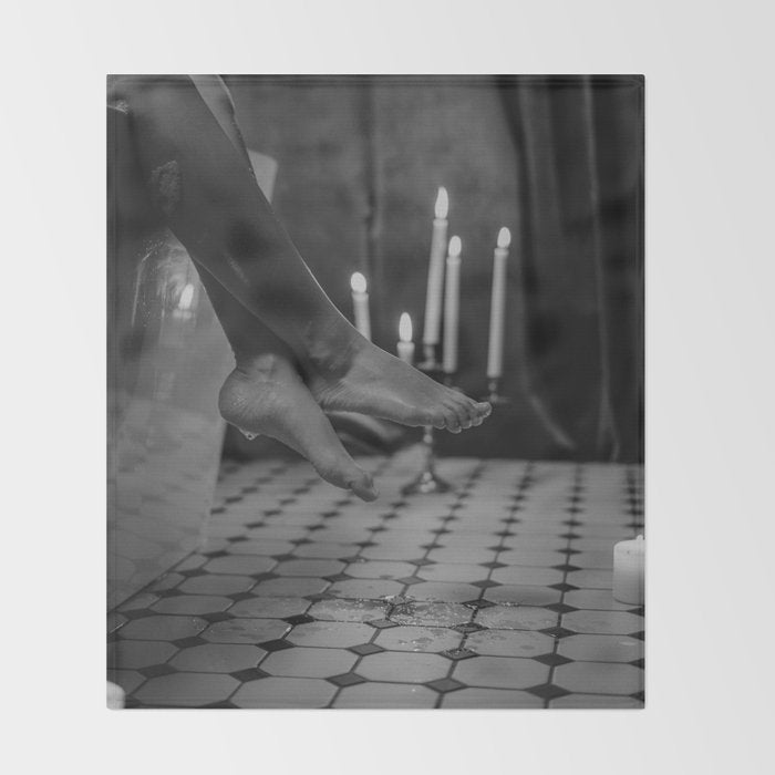 Let it all hang out; female portrait with candles in the bathtub black and white photograph - photography - photographs Throw Blanket Gallery Image 2