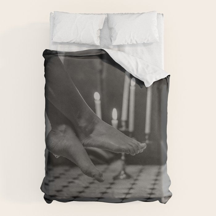 Let it all hang out; female portrait with candles in the bathtub black and white photograph - photography - photographs Duvet Cover Gallery Image 1