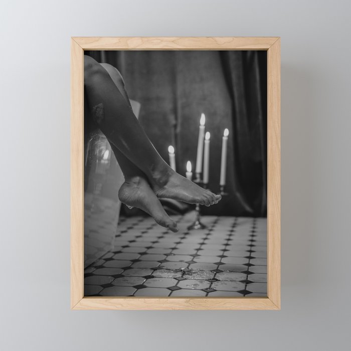Let it all hang out; female portrait with candles in the bathtub black and white photograph - photography - photographs Mini Art Print Gallery Image 1