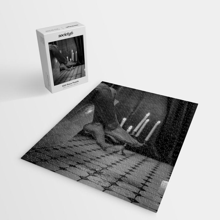 Let it all hang out; female portrait with candles in the bathtub black and white photograph - photography - photographs Jigsaw Puzzle Gallery Image 2