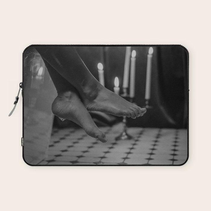 Let it all hang out; female portrait with candles in the bathtub black and white photograph - photography - photographs Laptop Sleeve Gallery Image 1