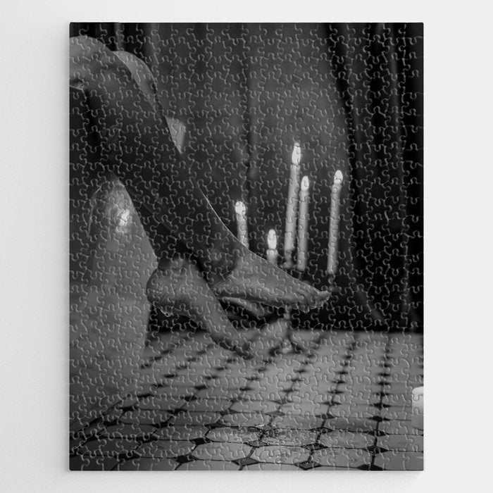 Let it all hang out; female portrait with candles in the bathtub black and white photograph - photography - photographs Jigsaw Puzzle Gallery Image 1