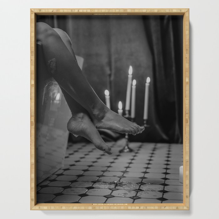 Let it all hang out; female portrait with candles in the bathtub black and white photograph - photography - photographs Serving Tray Gallery Image 1