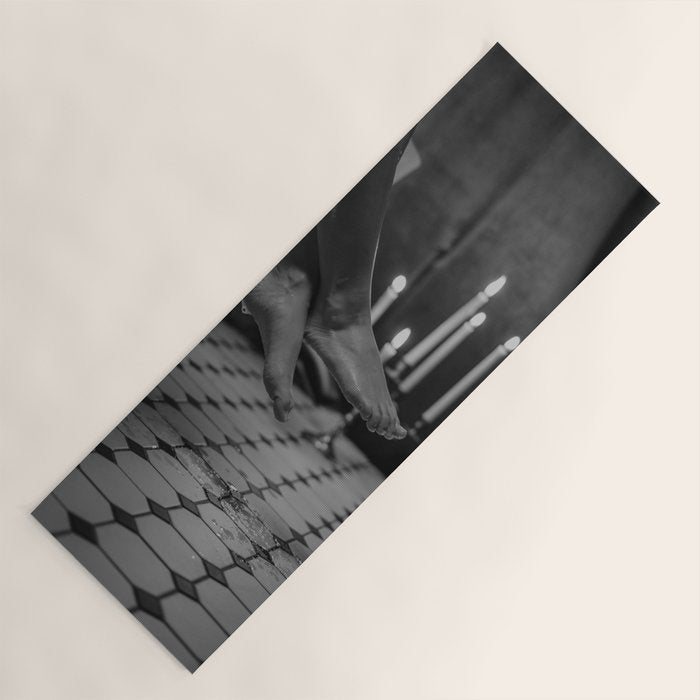 Let it all hang out; female portrait with candles in the bathtub black and white photograph - photography - photographs Yoga Mat Gallery Image 1