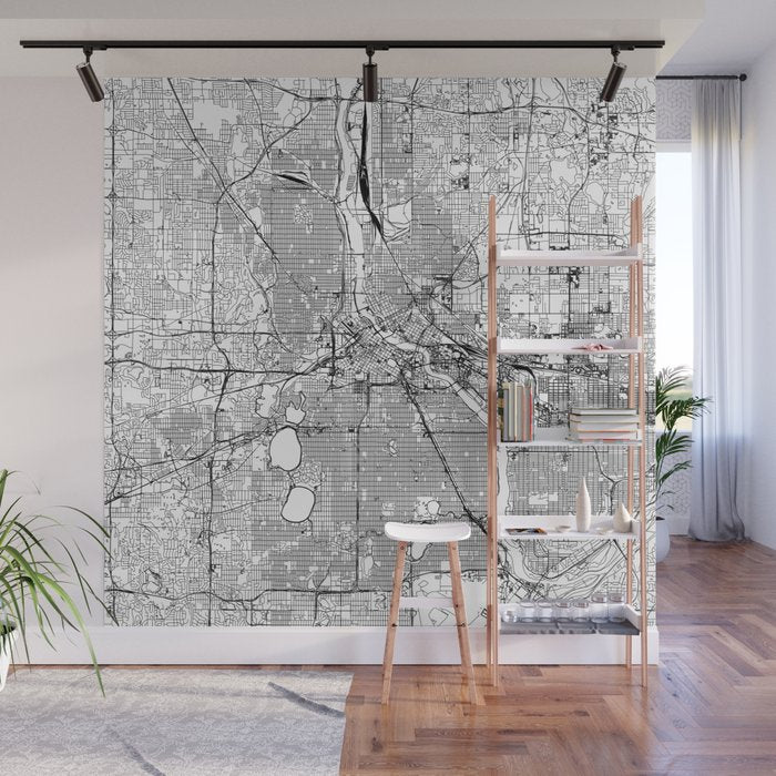 Minneapolis White Map Wall Mural Gallery Image 1