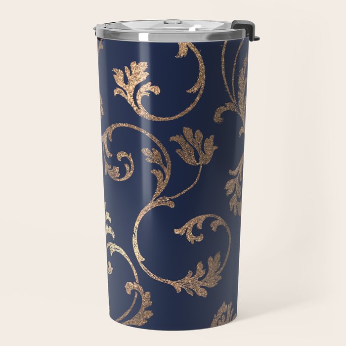 Elegant navy blue gold glitter floral damask Travel Mug Gallery Image 2
