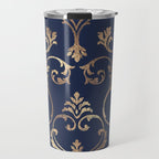 Elegant navy blue gold glitter floral damask Travel Mug Gallery Image 1
