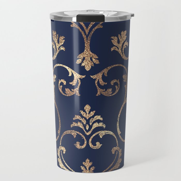 Elegant navy blue gold glitter floral damask Travel Mug Gallery Image 1