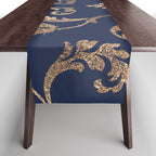 Elegant navy blue gold glitter floral damask Table Runner Gallery Image 1