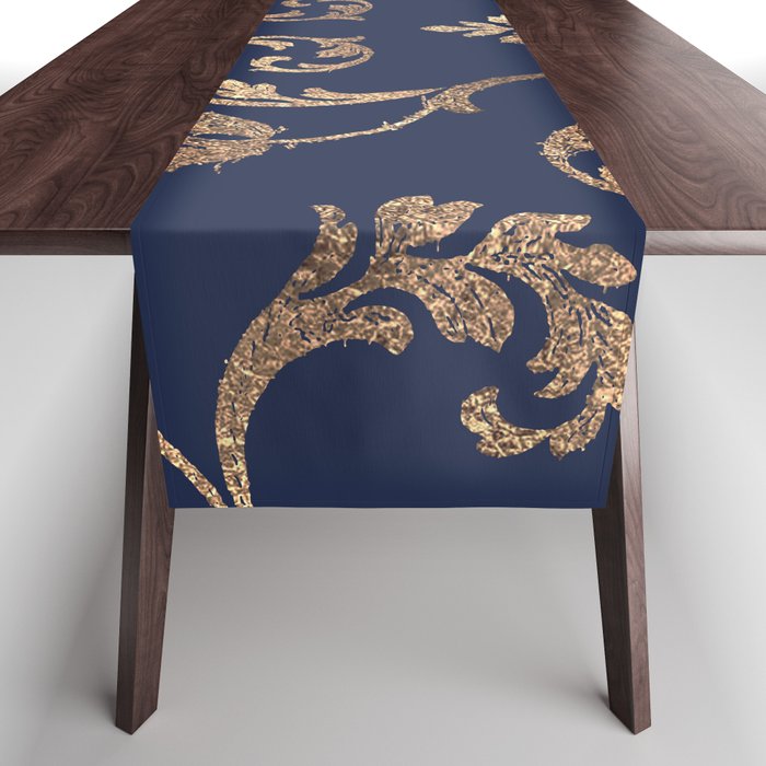 Elegant navy blue gold glitter floral damask Table Runner Gallery Image 1