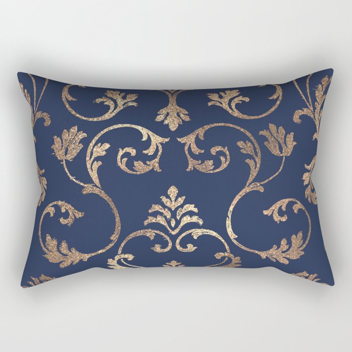 Elegant navy blue gold glitter floral damask Rectangular Pillow Gallery Image 1