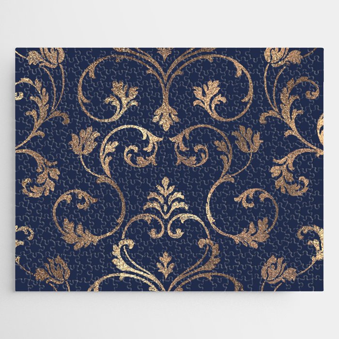 Elegant navy blue gold glitter floral damask Jigsaw Puzzle Gallery Image 1