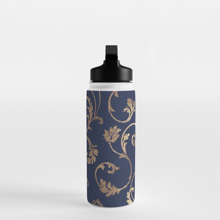 Elegant navy blue gold glitter floral damask Water Bottle Gallery Image 3