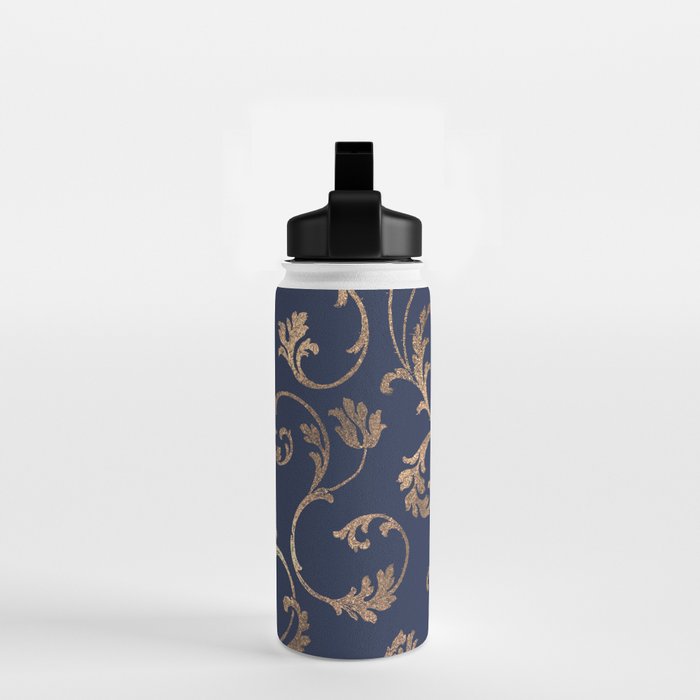 Elegant navy blue gold glitter floral damask Water Bottle Gallery Image 2