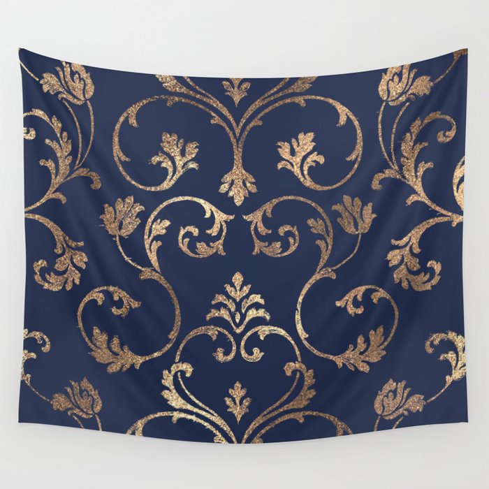 Elegant navy blue gold glitter floral damask Wall Tapestry Gallery Image 4