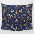 Elegant navy blue gold glitter floral damask Wall Tapestry Gallery Image 4