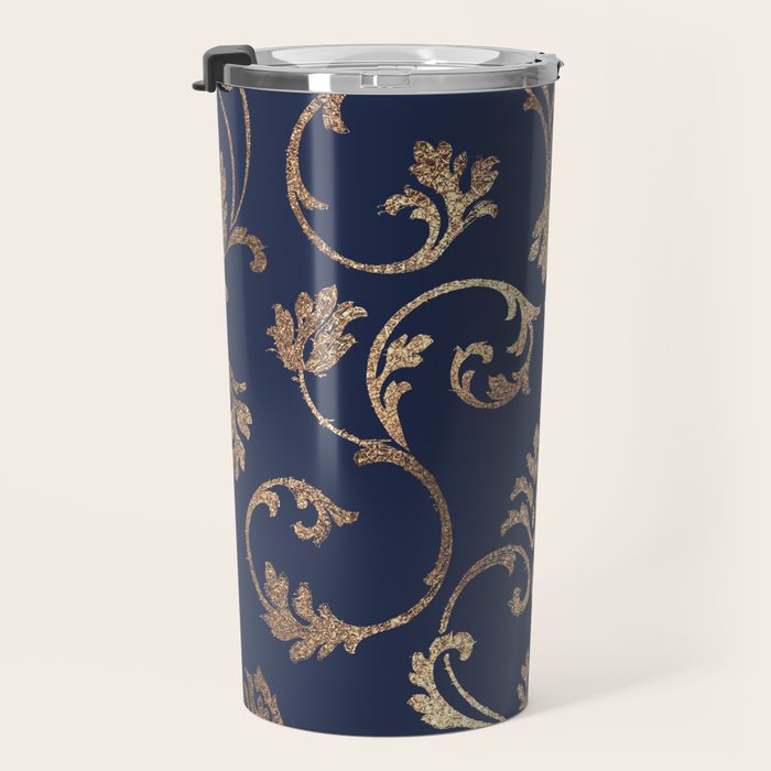 Elegant navy blue gold glitter floral damask Travel Mug Gallery Image 3