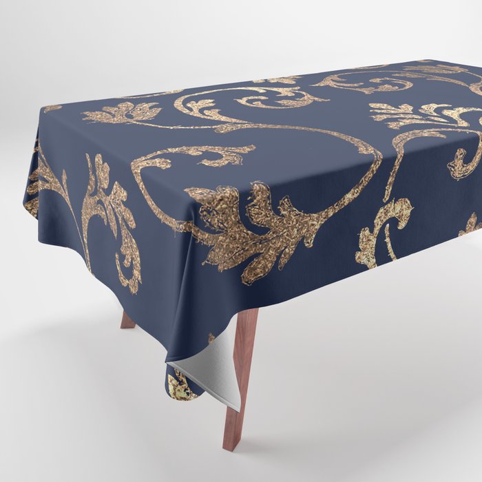 Elegant navy blue gold glitter floral damask Tablecloth Gallery Image 1
